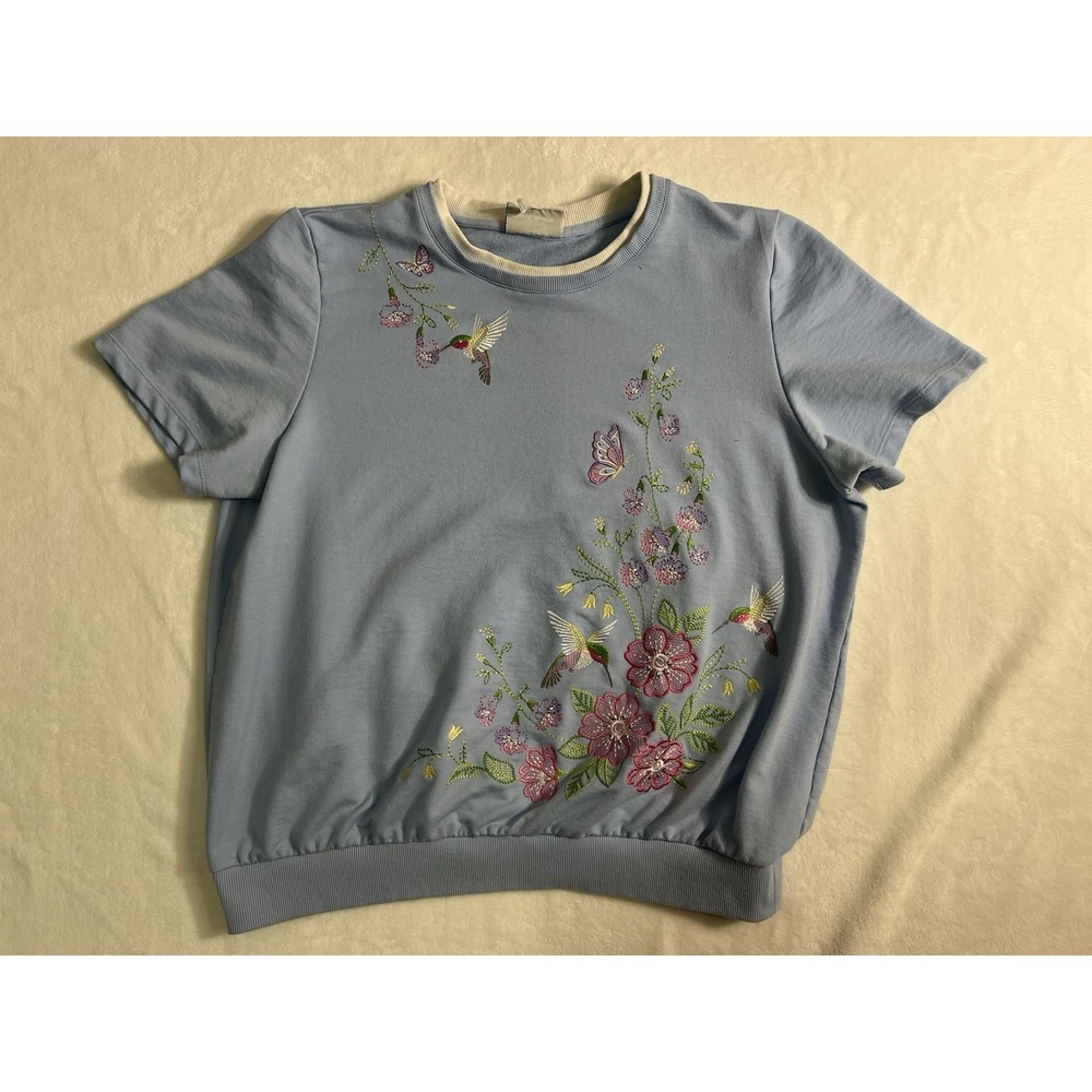 Alfred Dunner Light Blue Knit Top Embroidered Floral Butterfly Hummingbird